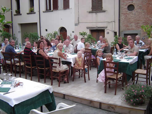 Enjoying a group meal at a village restaurant